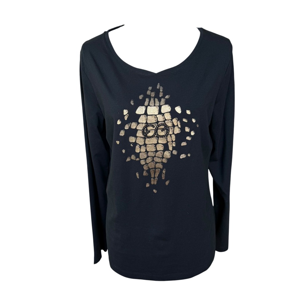 Escada‎ Sport Womens XL Black Long Sleeve Top Gold Foil EE Rhinestone Logo Shirt